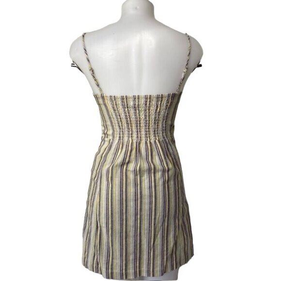Mind Code Pin Striped Mini Linen Y2K Yellow Blue Brown Button Dress Size S - Picture 6 of 12